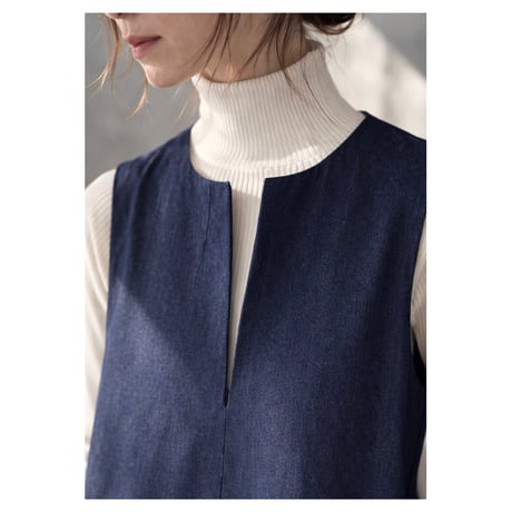 岡山児島デニムジャンパースカート／8オンスソフトデニムワンピース／スラッシュネック／インディゴ／linum jean