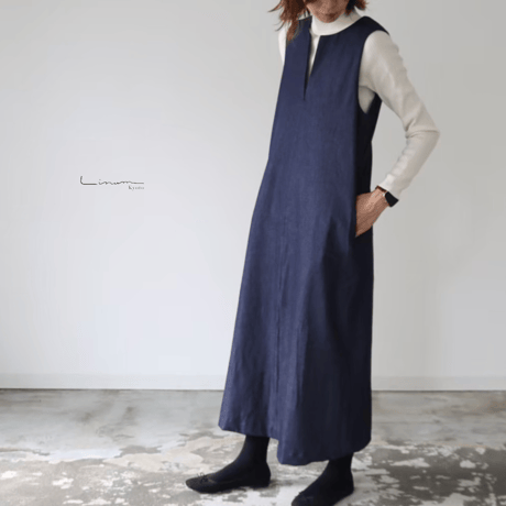 岡山児島デニムジャンパースカート／8オンスソフトデニムワンピース／スラッシュネック／インディゴ／linum jean