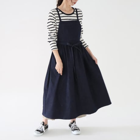 岡山児島産9オンススーパーストレッチデニムで仕立てた、ギャザーたっぷりエプロン／デニムエプロンドレス／インディゴ