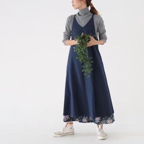 美シルエットAラインコットンリネンヴィンテージ加工エプロンドレス／エプロンワンピース／ネイビー