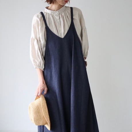 岡山児島デニムで仕立てた、美シルエットAラインデニムエプロンドレス／デニムエプロンワンピース／インディゴ／linum