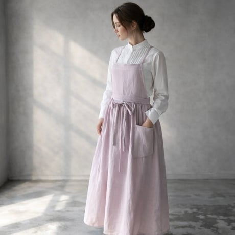 ふっくら厚さ2倍のとろみダブルガーゼのギャザーたっぷりエプロン／お出かけダブルガーゼエプロンワンピース／ドーンピンク