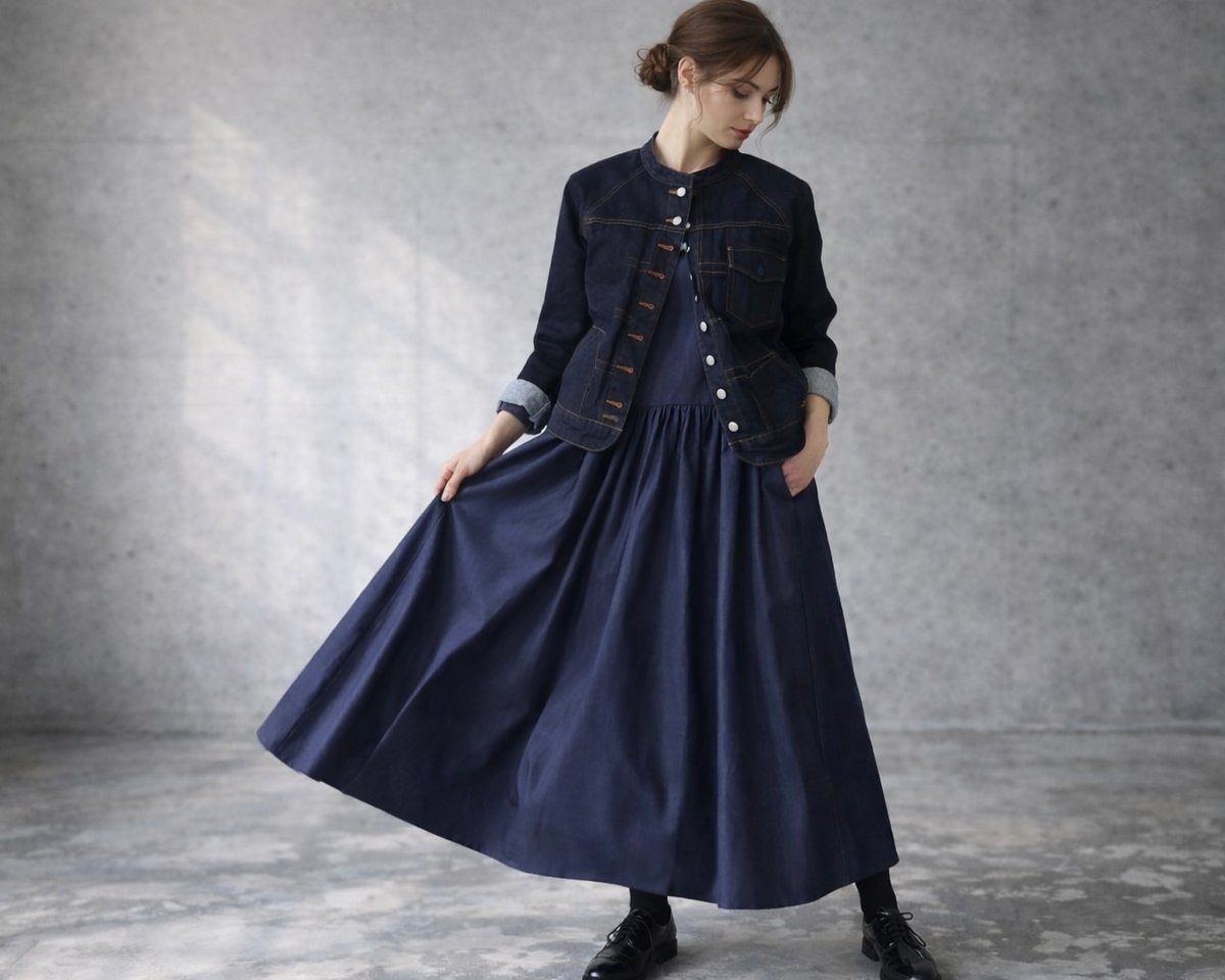 岡山県児島デニムのたっぷりギャザーワンピース／ボリューム満点8