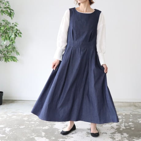 岡山県児島デニムで魅せる、ボリュームいっぱいデニムジャンパースカート／インディゴ／linum jean
