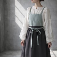 【リネンエプロン】周りと差のつくそのままお出かけバイカラーコットンリネンギャザーエプロン／ノーブルミント×チャコール