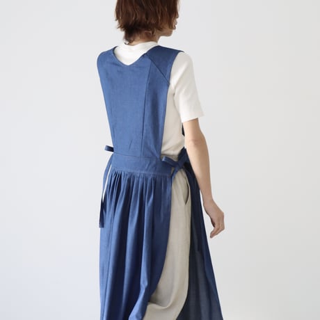 前後2wayデニムジャンパースカート／児島デニムエプロンワンピース／サイドリボンデザインエプロンワンピース／ブルー