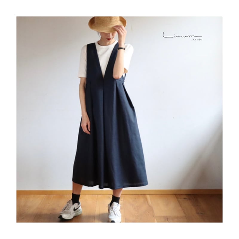 美品 リゼッタ リネンコットン切り替えタックロングワンピース 後ろボタン 七分袖 くるみボタンがアクセント！後ろ姿が綺麗なコットンリネンワンピース