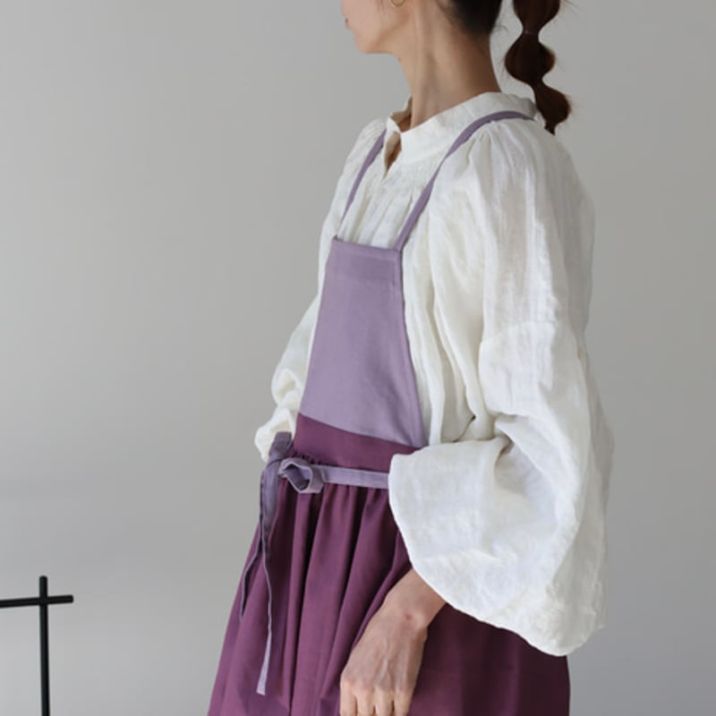 リネン100 2wayギャザーエプロン ラベンダー ハンドメイド リネンエプロン】周りと差のつくそのままお出かけバイカラーコットン