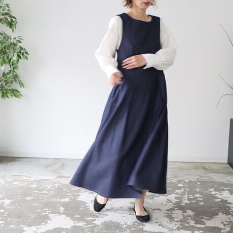 岡山県児島デニムで魅せる、ボリュームいっぱいデニムジャンパースカート／インディゴ／linum jean