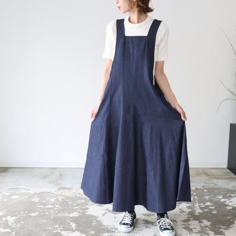 岡山県児島デニムジャンパースカートボリュームいっぱい8オンスソフトデニムワンピース／インディゴ／linum jean