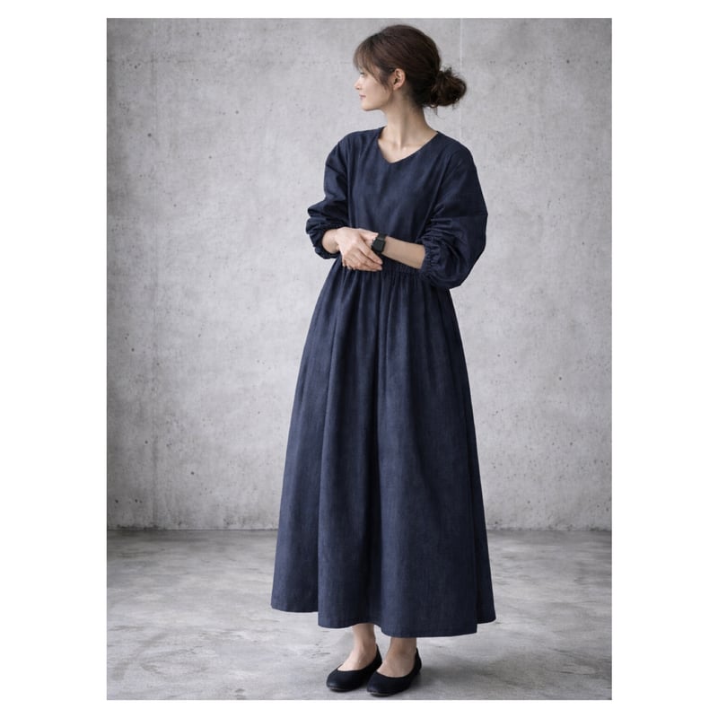 岡山県児島デニムで魅せる、ギャザーたっぷりVネックワンピース／8