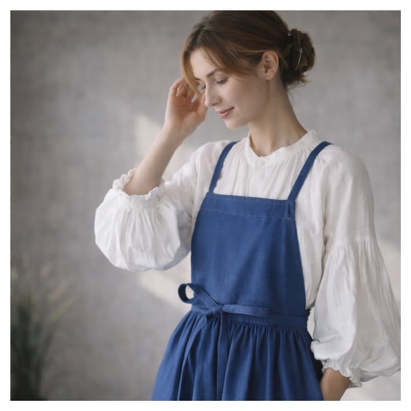 岡山児島デニムで仕立てた、ギャザーたっぷりエプロン／ライトオンス