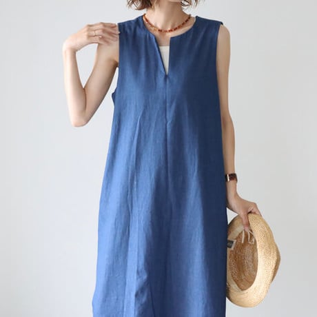 岡山児島デニムジャンパースカート／8オンスソフトデニムワンピース／スラッシュネック／ブルー／linum jean