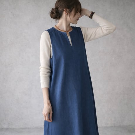 岡山児島デニムジャンパースカート／8オンスソフトデニムワンピース／スラッシュネック／ブルー／linum jean