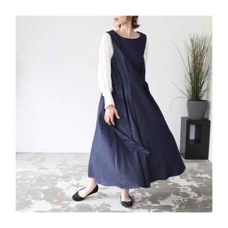 岡山県児島デニムで魅せる、ボリュームいっぱいデニムジャンパースカート／インディゴ／linum jean