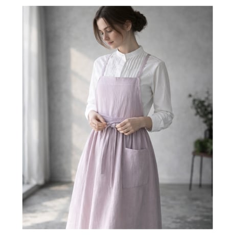 ふっくら厚さ2倍のとろみダブルガーゼのギャザーたっぷりエプロン／お出かけダブルガーゼエプロンワンピース／ドーンピンク