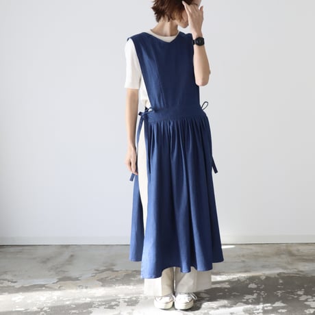 前後2wayデニムジャンパースカート／児島デニムエプロンワンピース／サイドリボンデザインエプロンワンピース／ブルー
