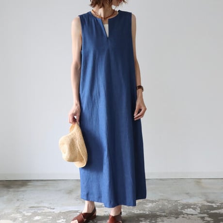 岡山児島デニムジャンパースカート／8オンスソフトデニムワンピース／スラッシュネック／ブルー／linum jean