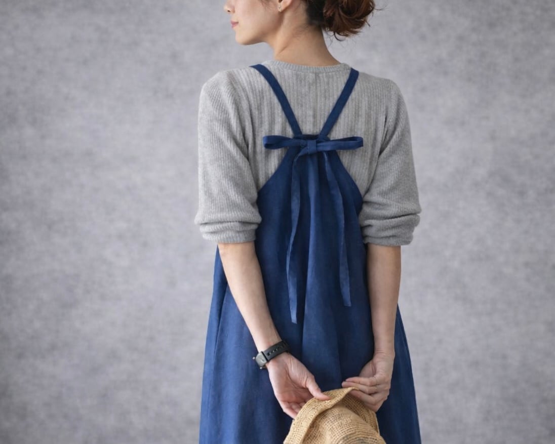 岡山児島デニムで仕立てた、美シルエットAラインデニムエプロンドレス