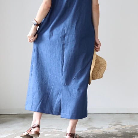 岡山児島デニムジャンパースカート／8オンスソフトデニムワンピース／スラッシュネック／ブルー／linum jean