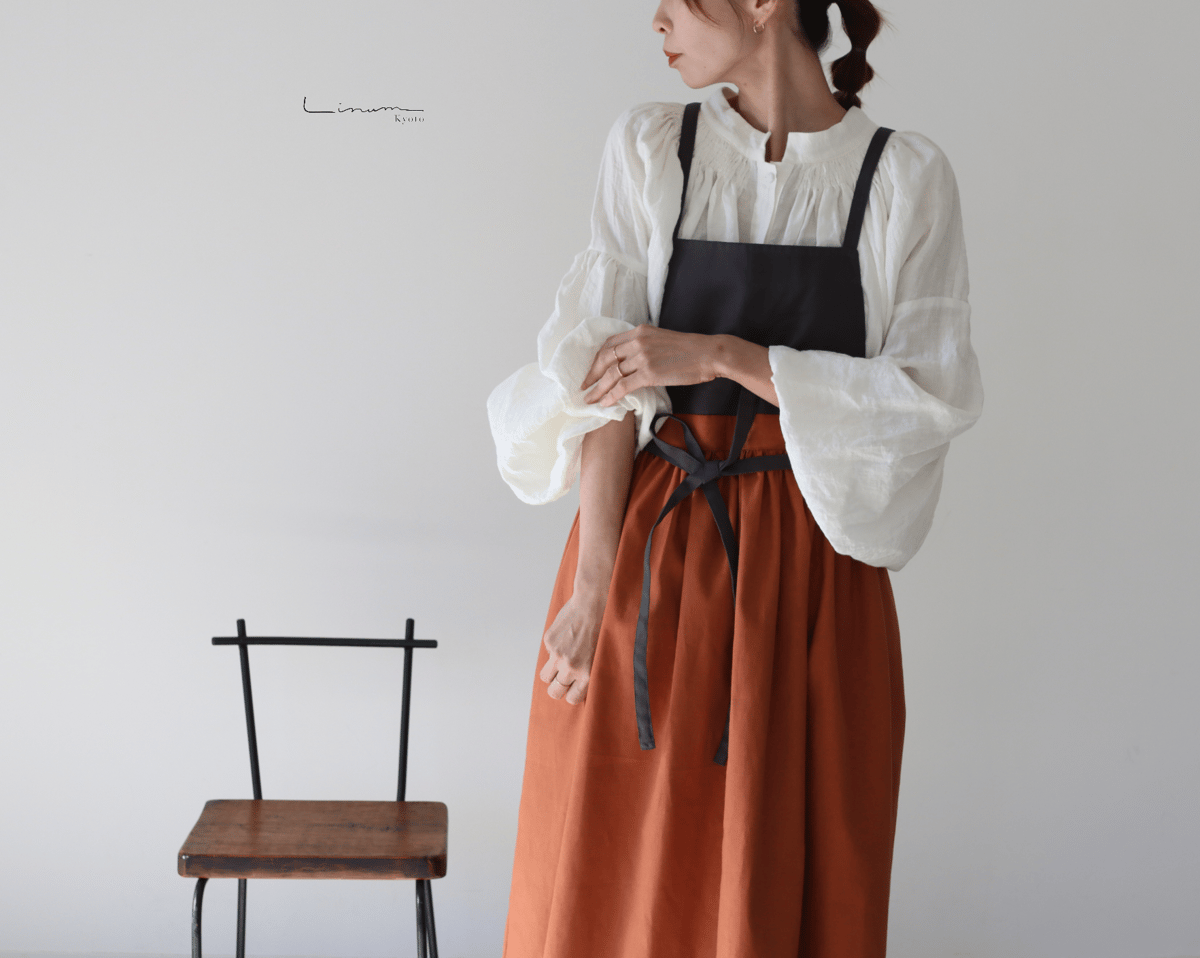 エレグランス バイカラーエプロン リネン100% リネンエプロン] ネックストリングエプロン バイカラー/リネン