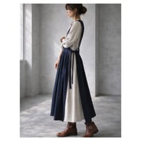 前後2wayデニムジャンパースカート／児島デニムエプロンワンピース／サイドリボンデザインエプロンワンピース／インディゴ