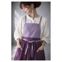【リネンエプロン】周りと差のつくそのままお出かけバイカラーコットンリネンギャザーエプロン／スモーキーパンジー×パープル
