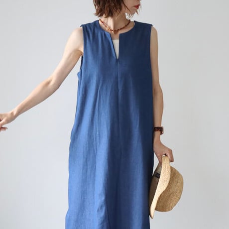 岡山児島デニムジャンパースカート／8オンスソフトデニムワンピース／スラッシュネック／ブルー／linum jean