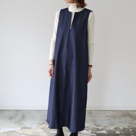 岡山児島デニムジャンパースカート／8オンスソフトデニムワンピース／スラッシュネック／インディゴ／linum jean