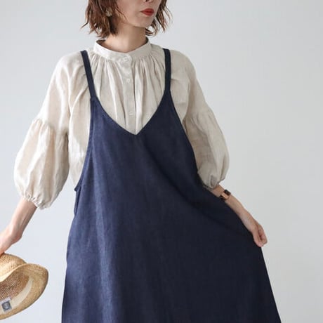 岡山児島デニムで仕立てた、美シルエットAラインデニムエプロンドレス／デニムエプロンワンピース／インディゴ／linum
