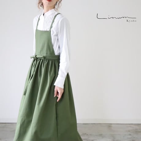 そのままお出かけリネンギャザーエプロン／おうち時間もお洒落に過ごすコットンリネンエプロン／アイビーグリーン