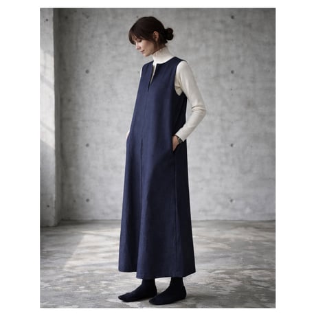 岡山児島デニムジャンパースカート／8オンスソフトデニムワンピース／スラッシュネック／インディゴ／linum jean