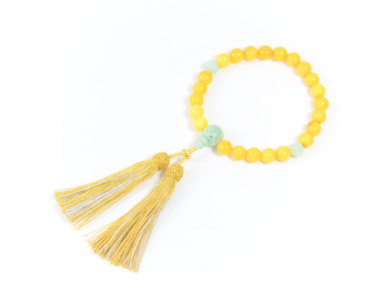 モンゴル産 翡翠 ドラム型 大穴ビーズの連(琥珀入り) 47cm 乳琥珀 本翡翠仕立 男性用片手念珠 一点物 | 平野屋清太郎商店