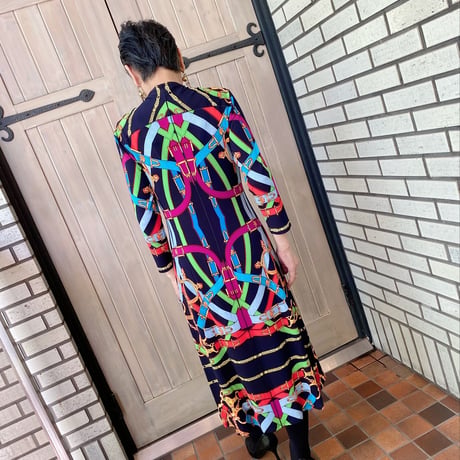 evavarro Ｖネック　七分袖プリントワンピース