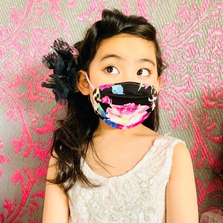 I SPARK・kids  Mask  （子ども用　プリーツマスク）K- 8  ピンク花×ヒョウ切り替え