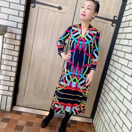 evavarro Ｖネック　七分袖プリントワンピース