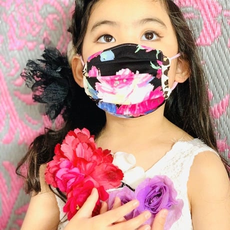 I SPARK・kids  Mask  （子ども用　プリーツマスク）K- 8  ピンク花×ヒョウ切り替え