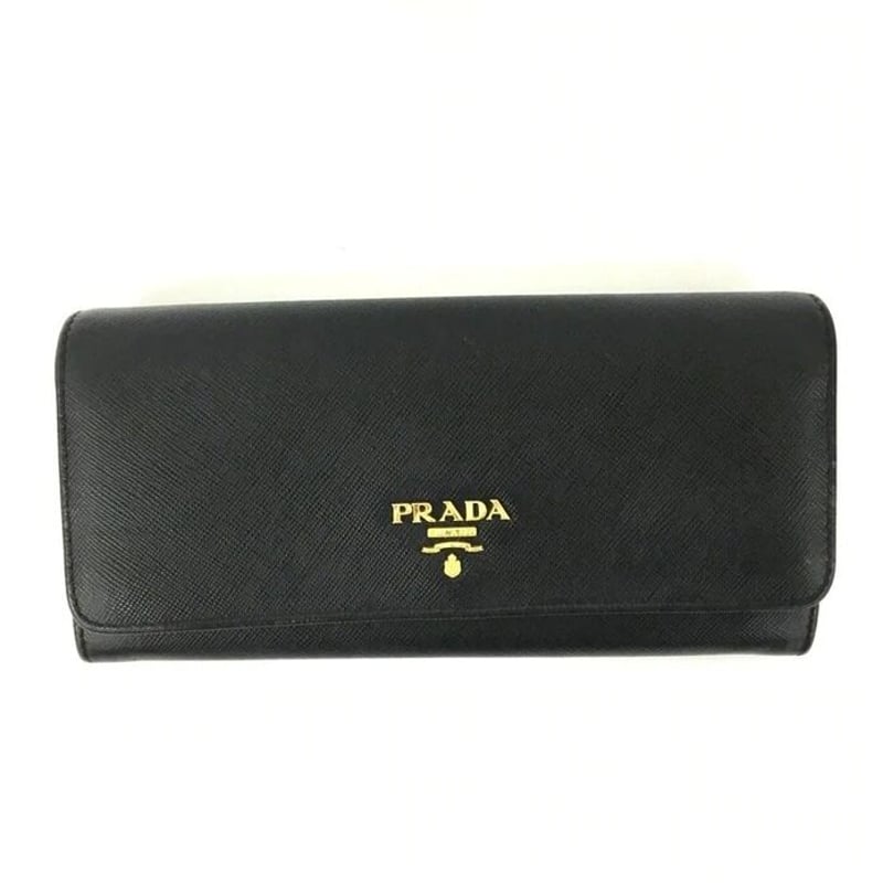 良品 PRADA プラダ サフィアーノレザー 二つ折り長財布 黒 M608A