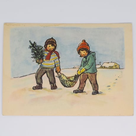 チェコ　ポストカード　ツリーと鯉を運ぶ子ども