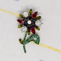 チェコ　ガラスラインストーンブローチ　一輪の花　ピンク・イエロー・黒