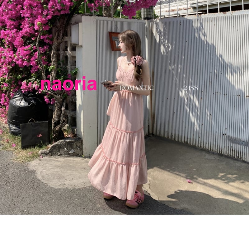 ピンク フリルキャミワンピース ローンキャミソールミディワンピース （ロング・マキシ丈