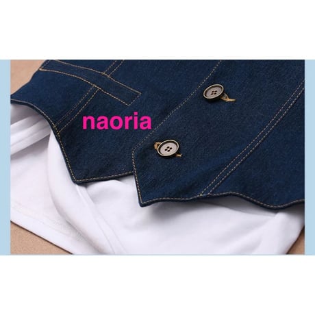 即納　ホワイトトップス＋ビジューデニムベスト＋パンツセット