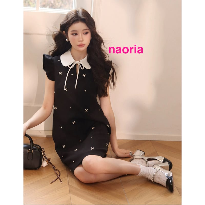 極美品＊組曲 パールモチーフノースリーブワンピース 15号 大きいサイズ 紺 SHIPS シップス パールモチーフデザイン スリーブフレア