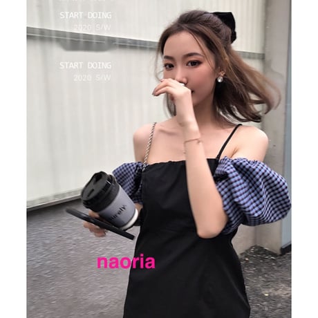 即納　ブルーチェックパフスリーブワンピース