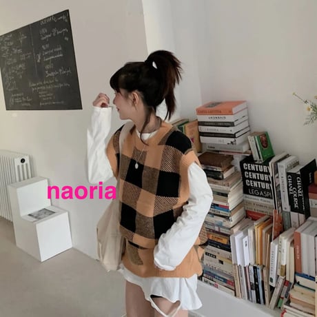 即納　格子柄ビッグノースリーブニット