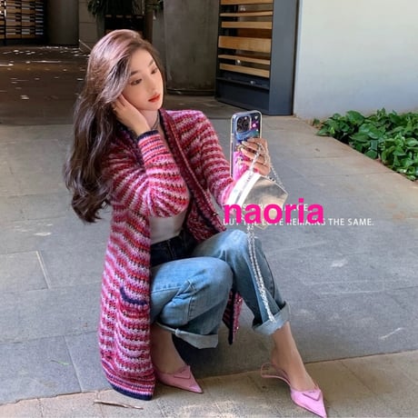 予約制  ミックスカラーロングニットカーデ単品