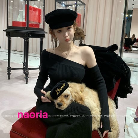 予約制  2色展開 肩出しリブニットロングワンピース