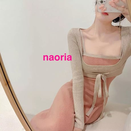 即納　くり抜き重ね着用ニット＋ニットキャミワンピースセット