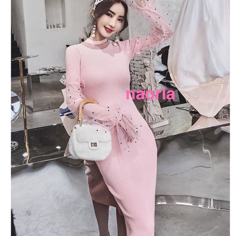 シアーパフスリーブニットコンビワンピース（マキシ丈/ロング