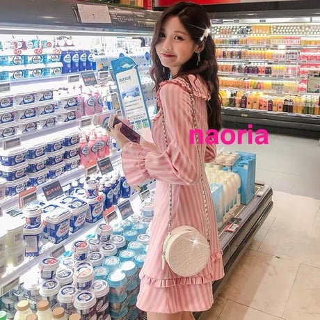 即納  ピンクストライプワンピース